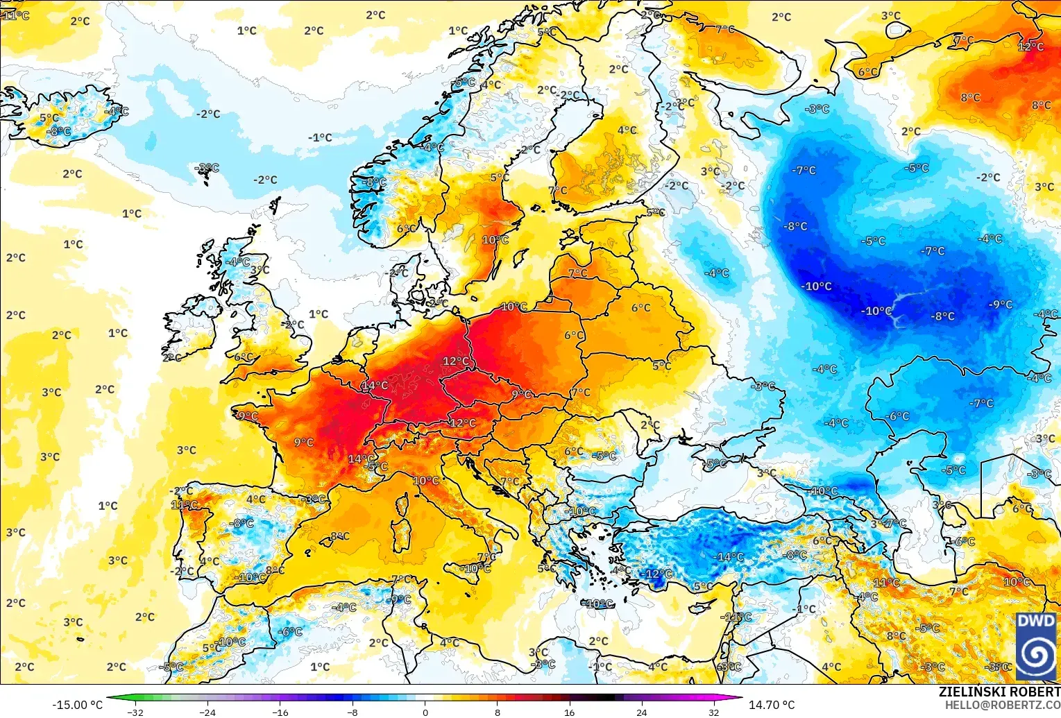 ICON model - Europe, Temperature at 2m Anomaly