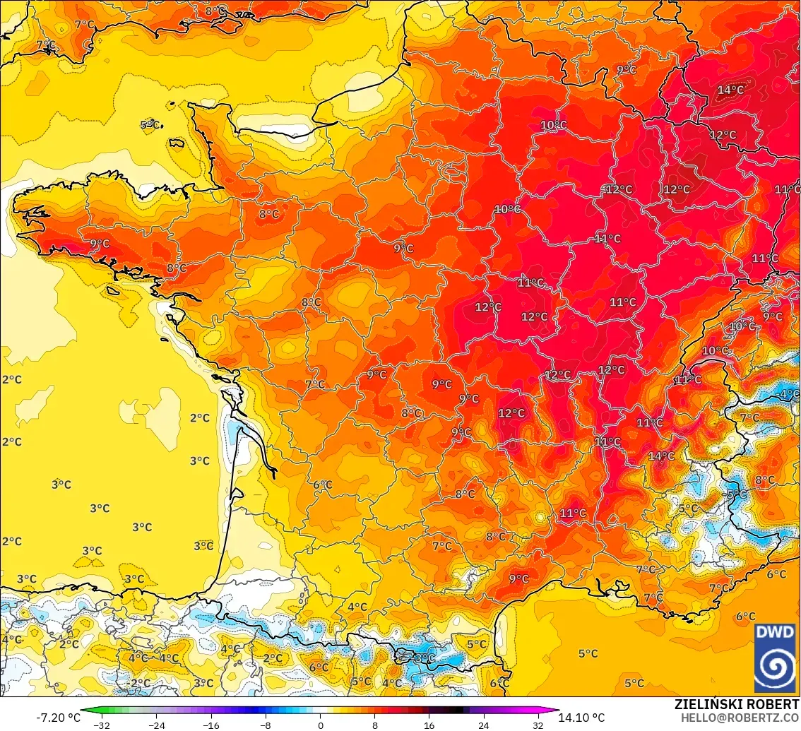 ICON model - France, Temperature at 2m Anomaly