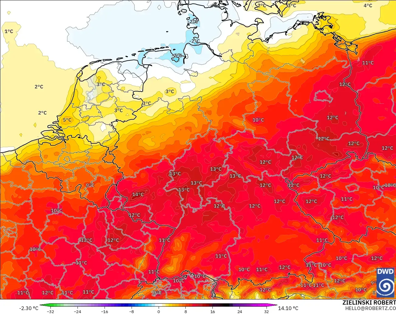 ICON model - Germany, Temperature at 2m Anomaly