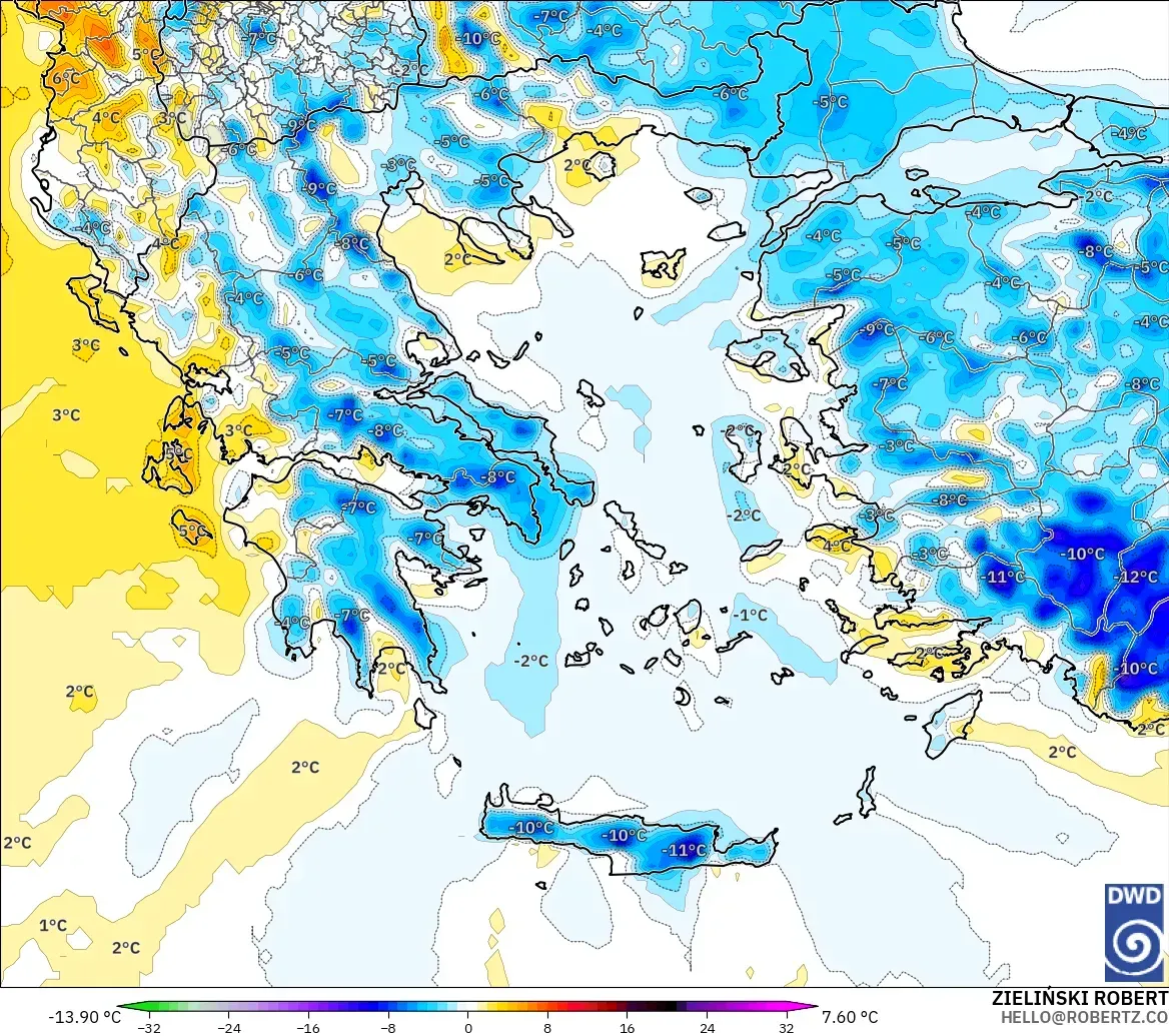 ICON model - Greece, Temperature at 2m Anomaly