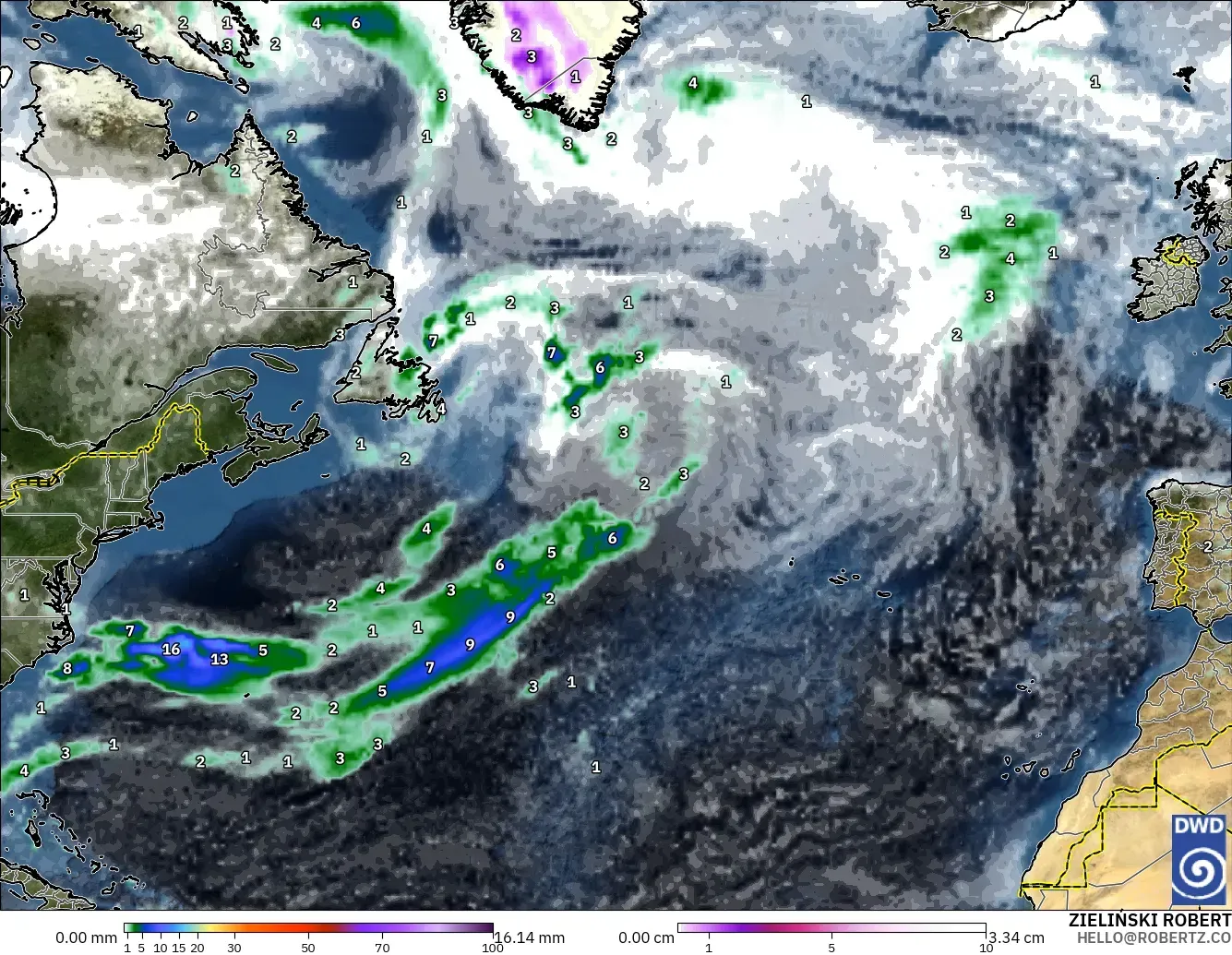 ICON model - North Atlantic, Precipitation, Clouds, and Pressure
