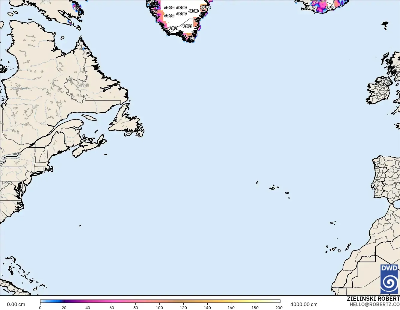 ICON model - North Atlantic, Snow Depth