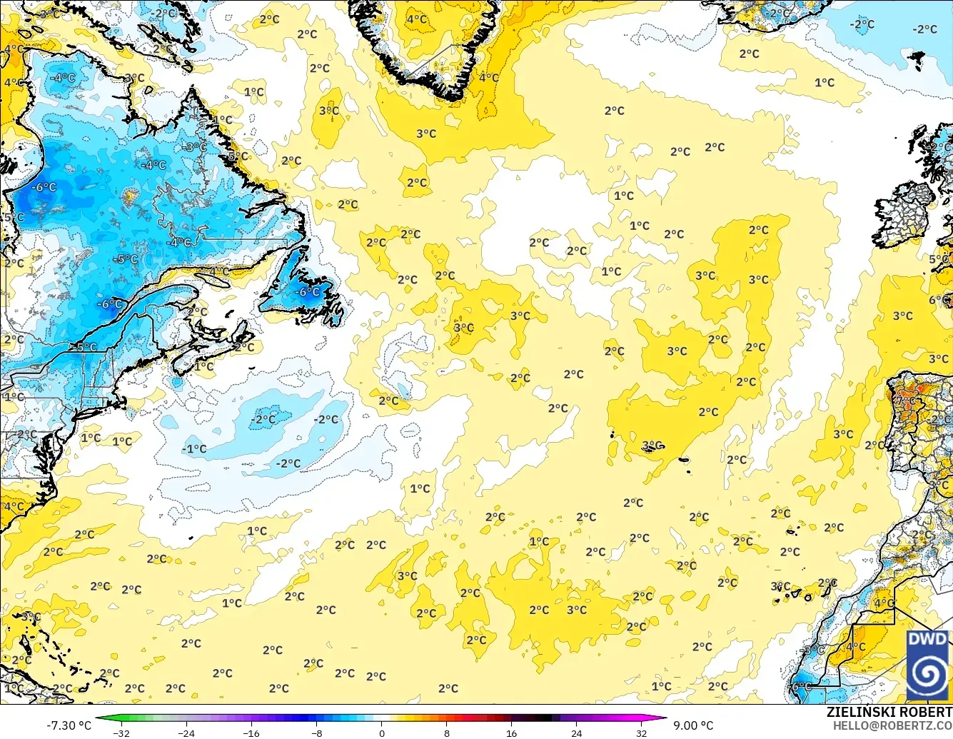ICON model - North Atlantic, Temperature at 2m Anomaly