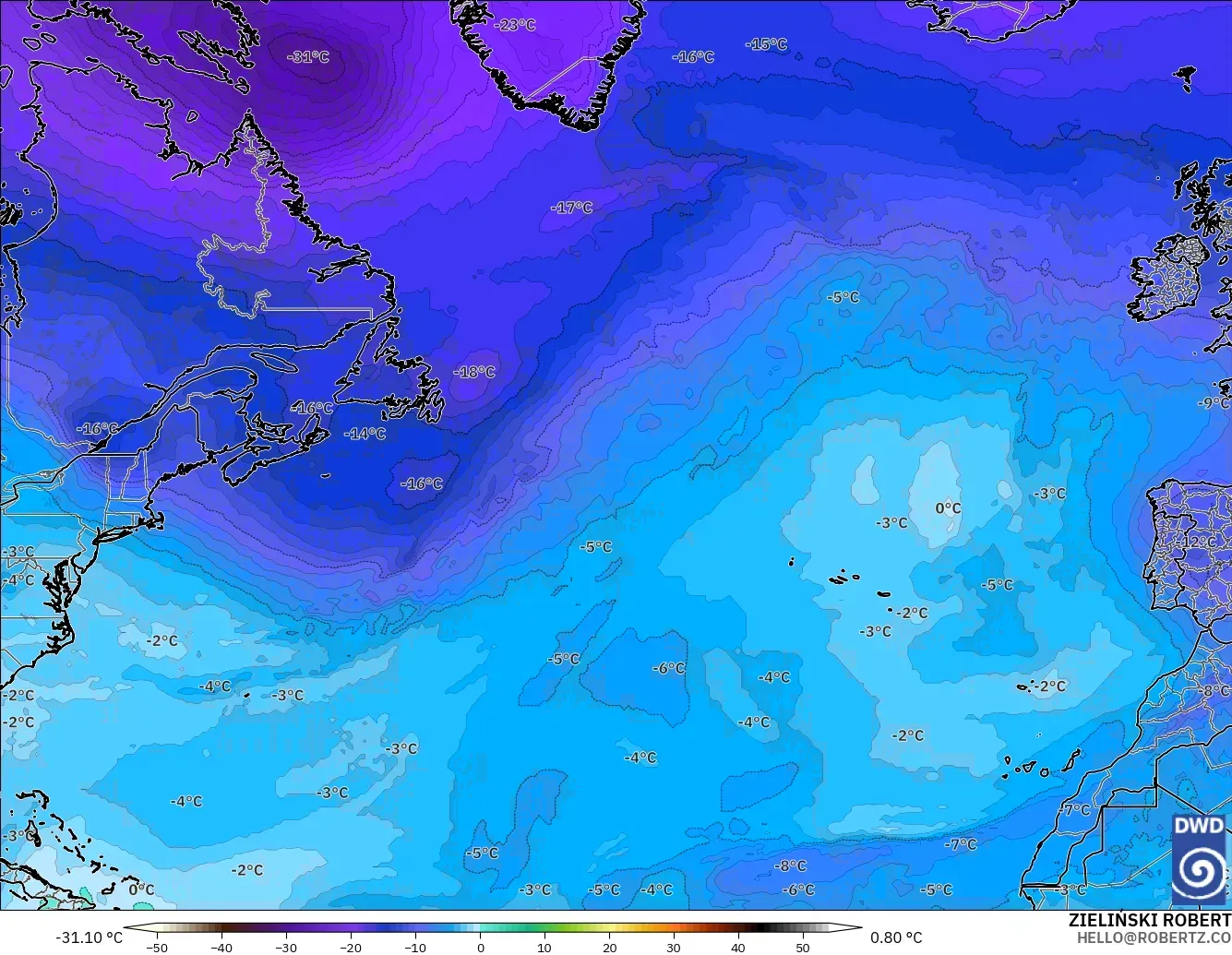 ICON model - North Atlantic, Temperature at 500hPa
