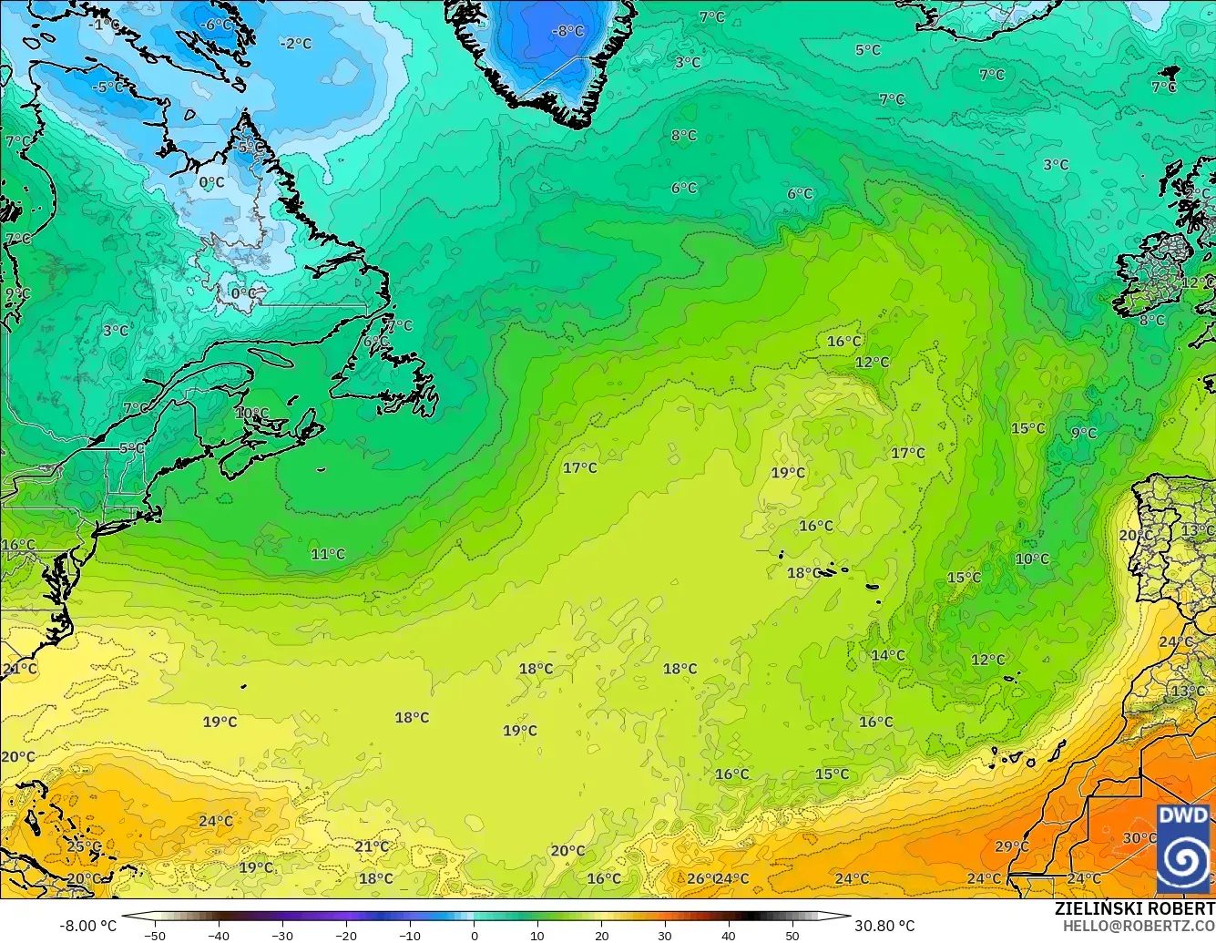 ICON model - North Atlantic, Temperature at 850hPa