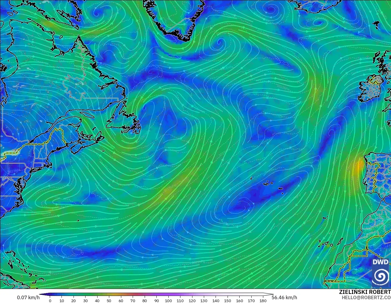 ICON model - North Atlantic, Wind at 10m