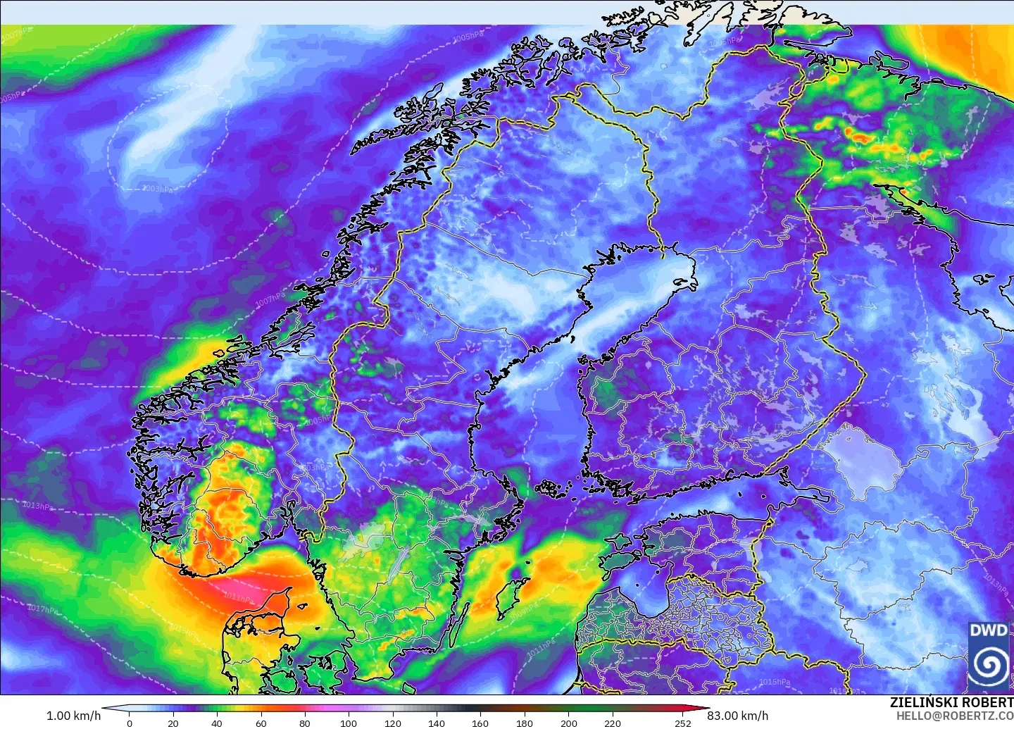 ICON model - Scandinavia, Wind Gusts Peak