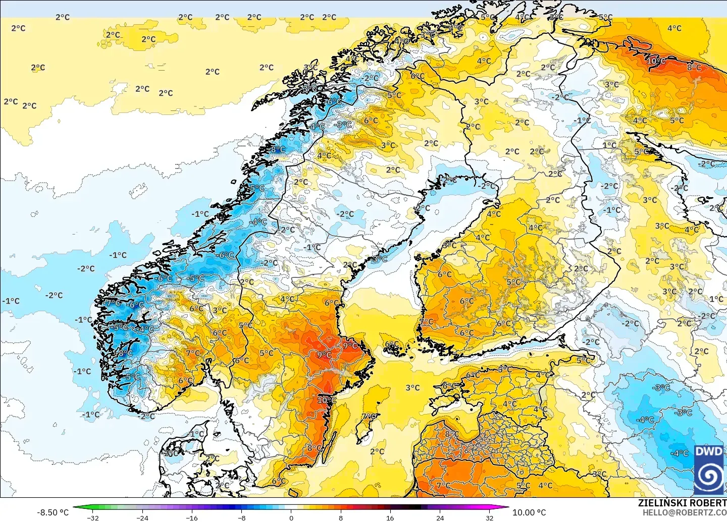 ICON model - Scandinavia, Temperature at 2m Anomaly