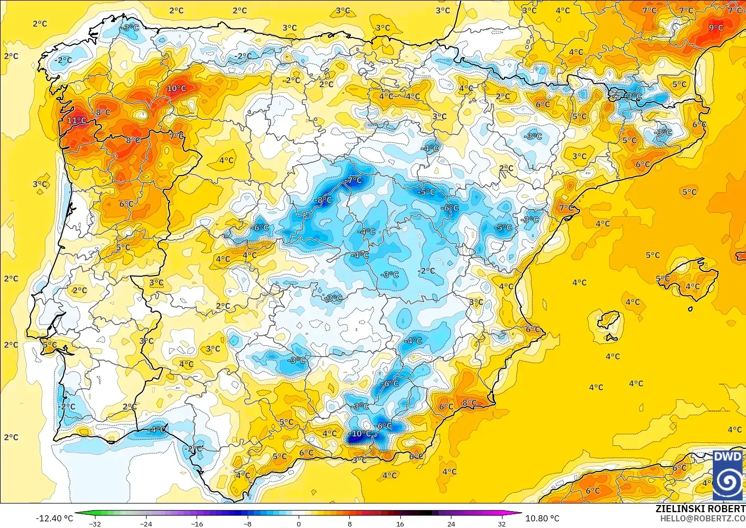ICON model - Spain, Temperature at 2m Anomaly