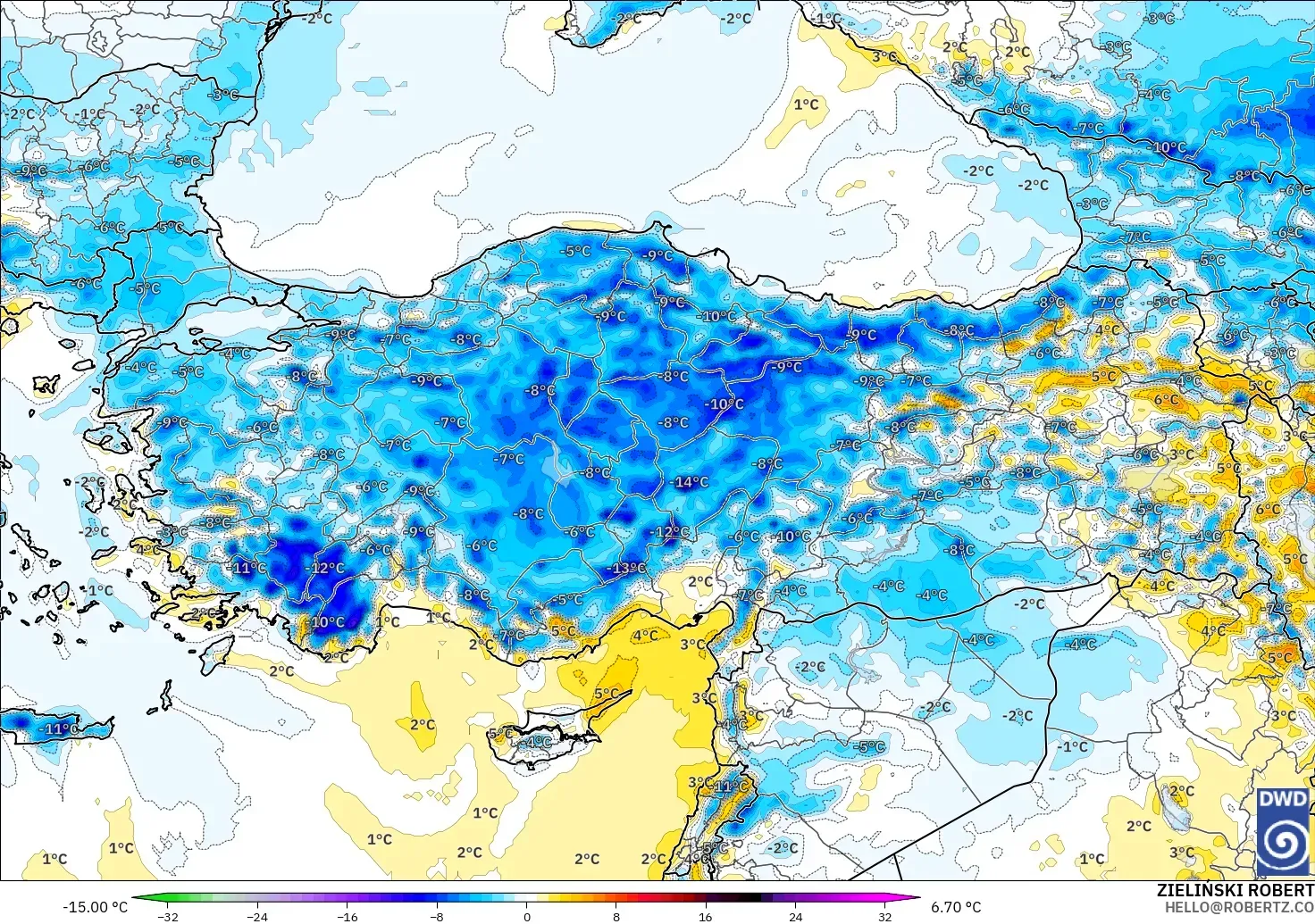 ICON model - Turkey, Temperature at 2m Anomaly