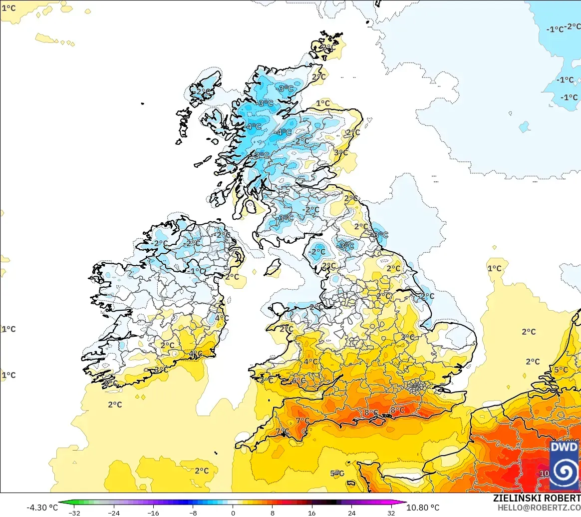 ICON model - United Kingdom, Temperature at 2m Anomaly