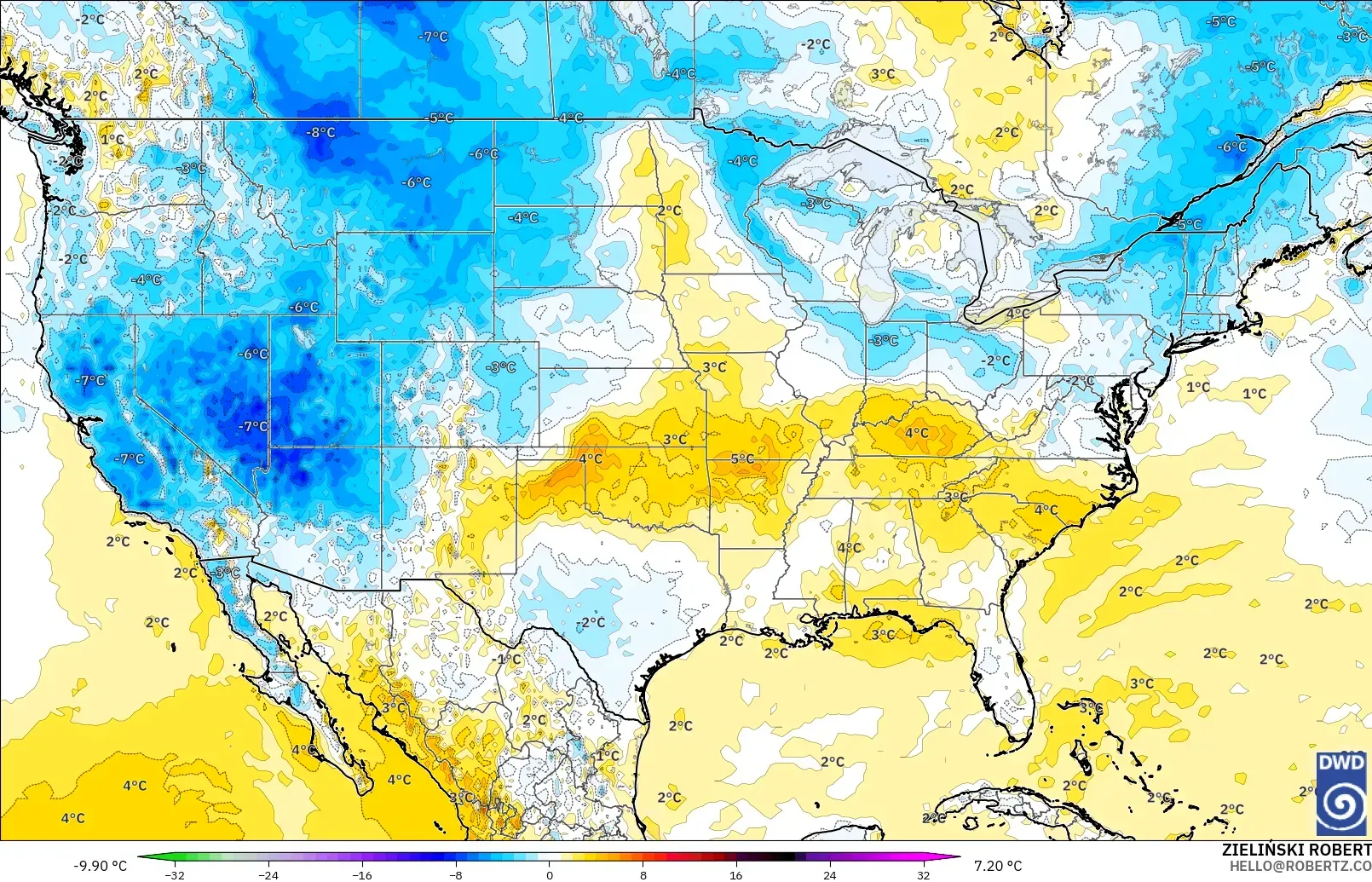 ICON model - United States, Temperature at 2m Anomaly