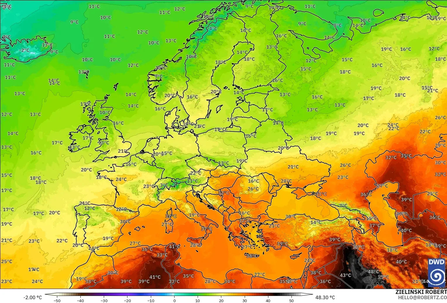 ICON model - Europe, Temperature at 2m
