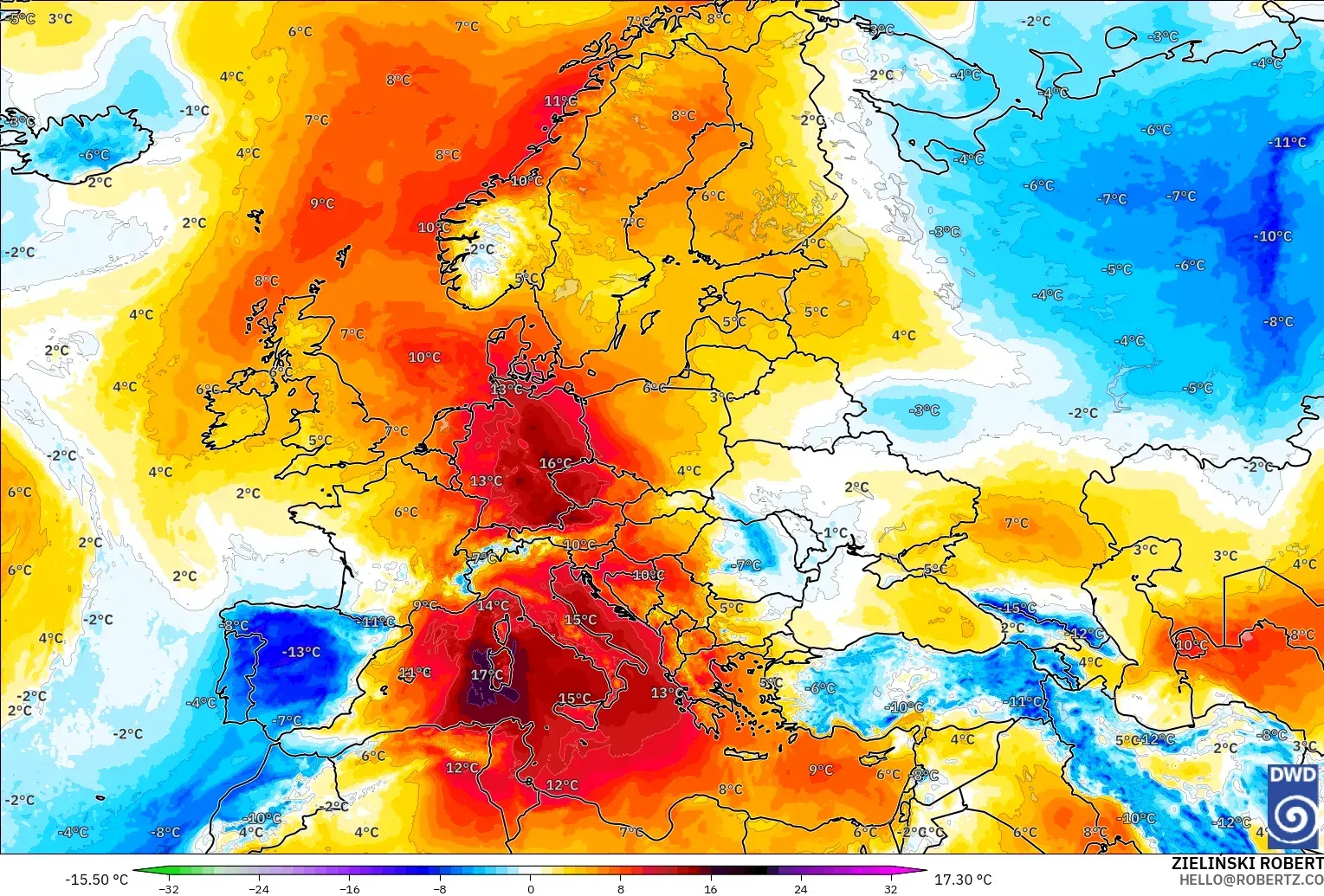 ICON model - Europe, Temperature at 850hPa Anomaly
