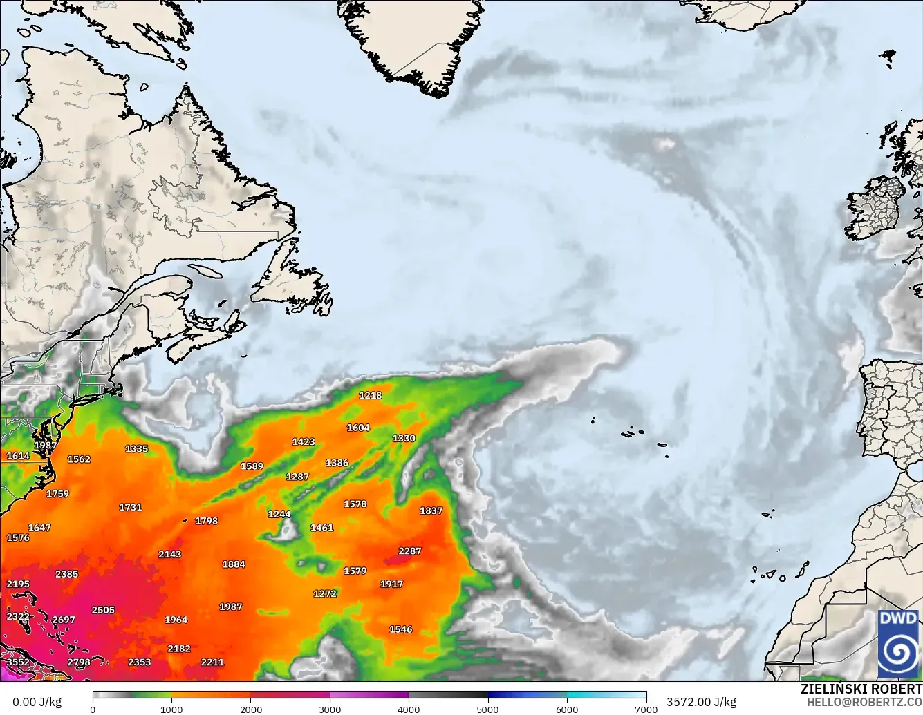 ICON model - North Atlantic, CAPE