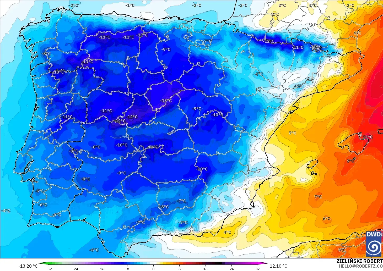 ICON model - Spain, Temperature at 850hPa Anomaly