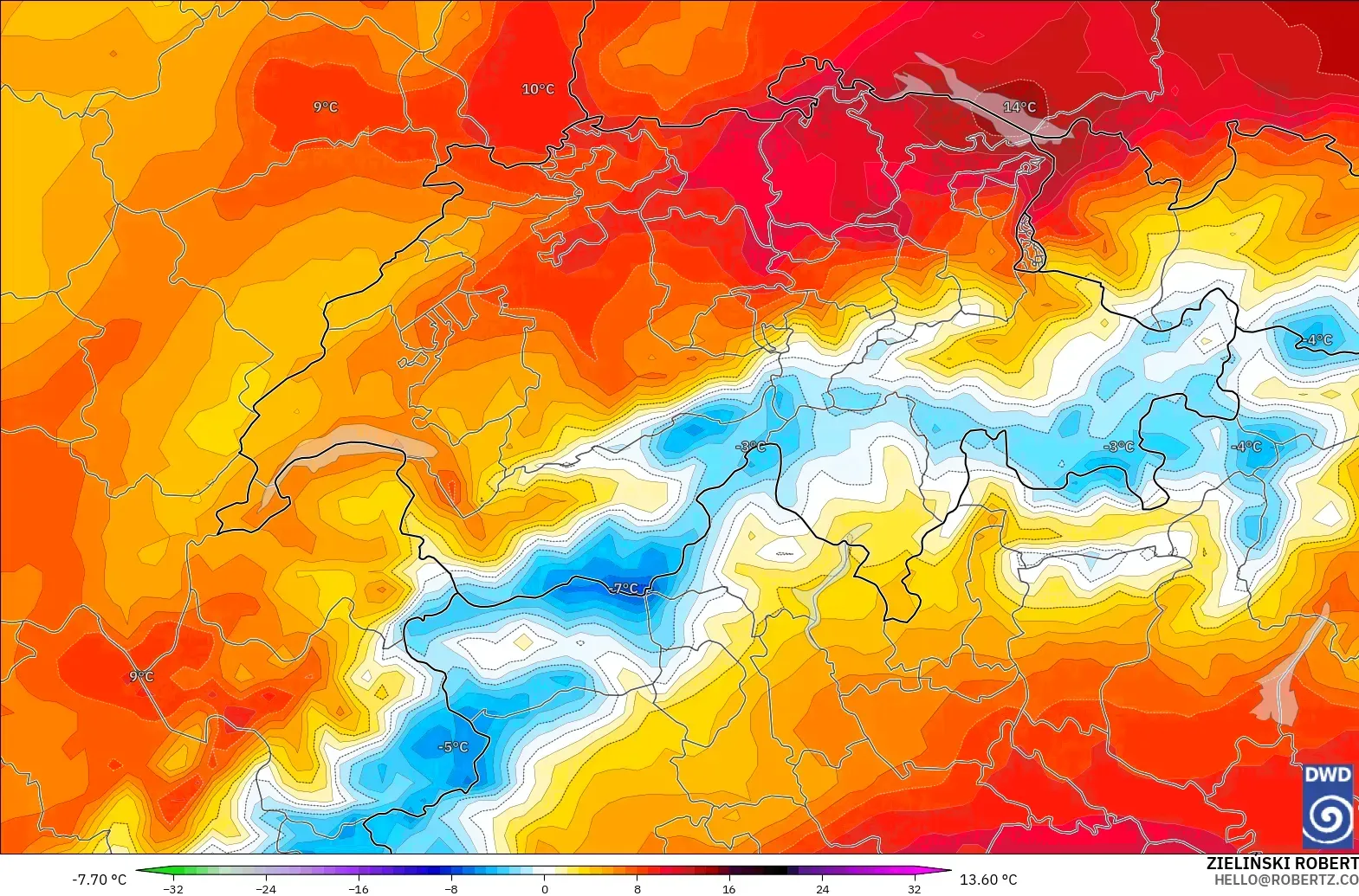 ICON model - Switzerland, Temperature at 850hPa Anomaly
