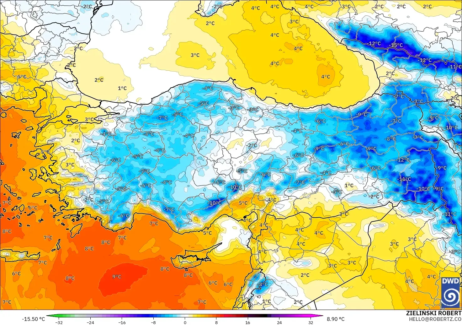 ICON model - Turkey, Temperature at 850hPa Anomaly