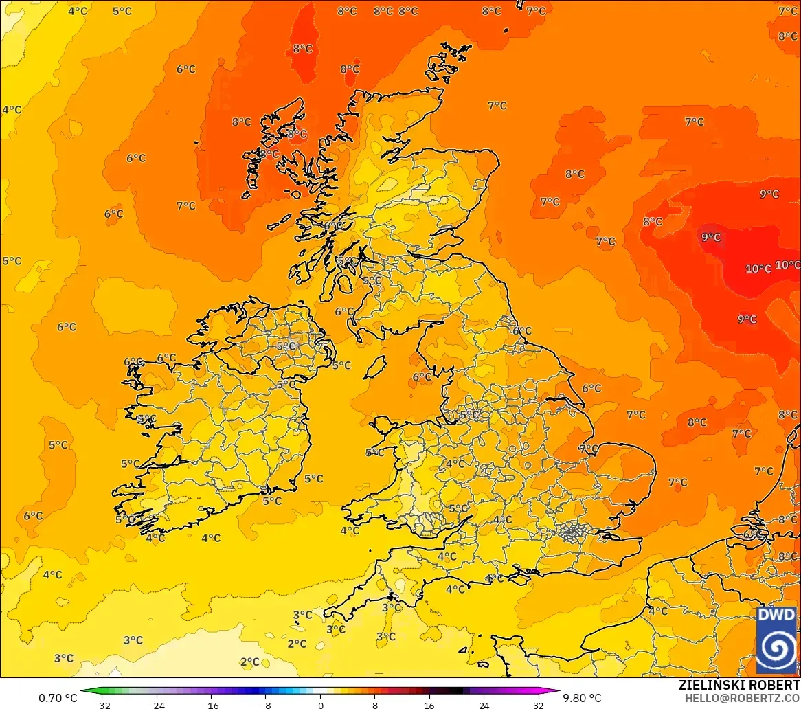 ICON model - United Kingdom, Temperature at 850hPa Anomaly