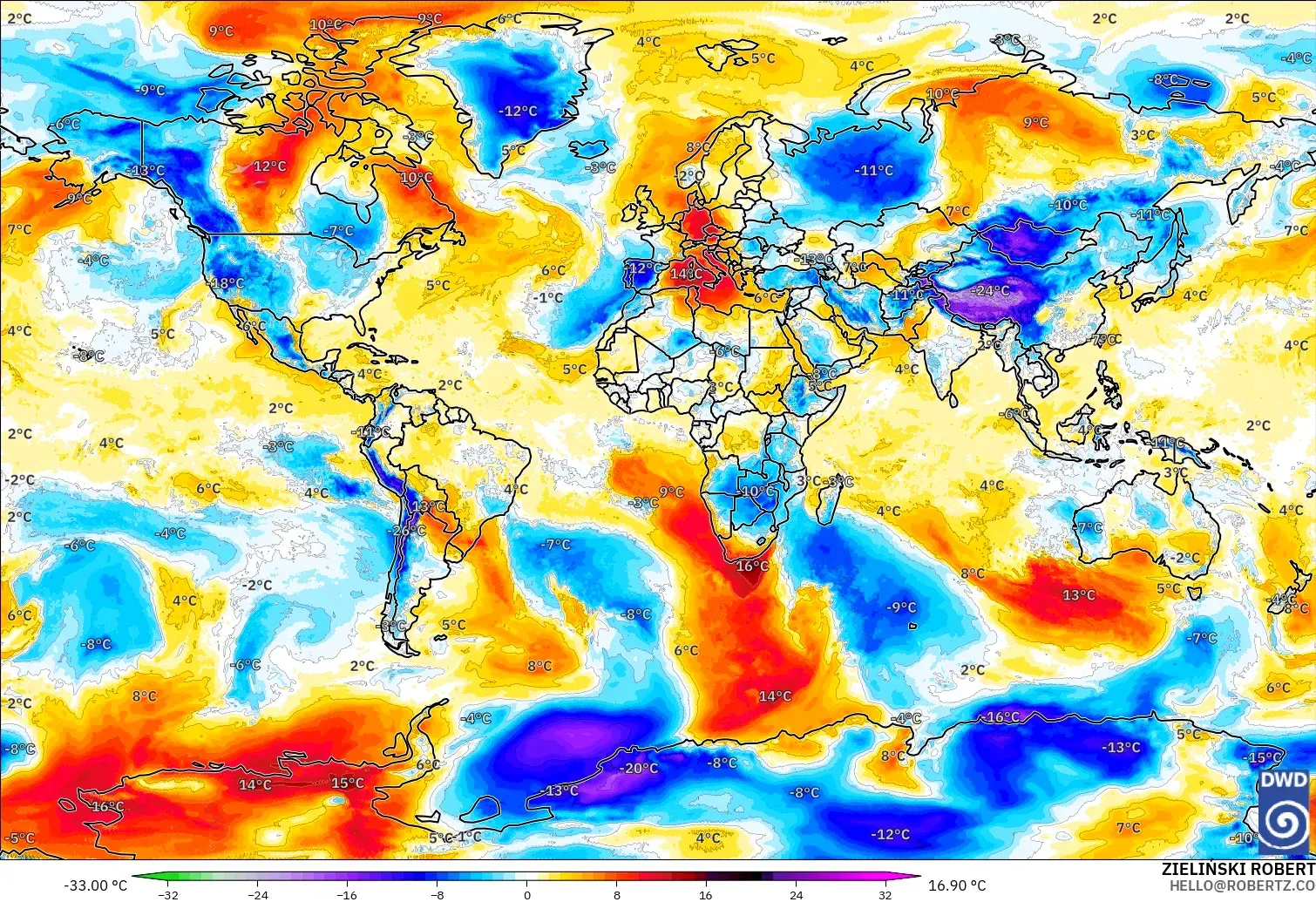 ICON model - World, Temperature at 850hPa Anomaly