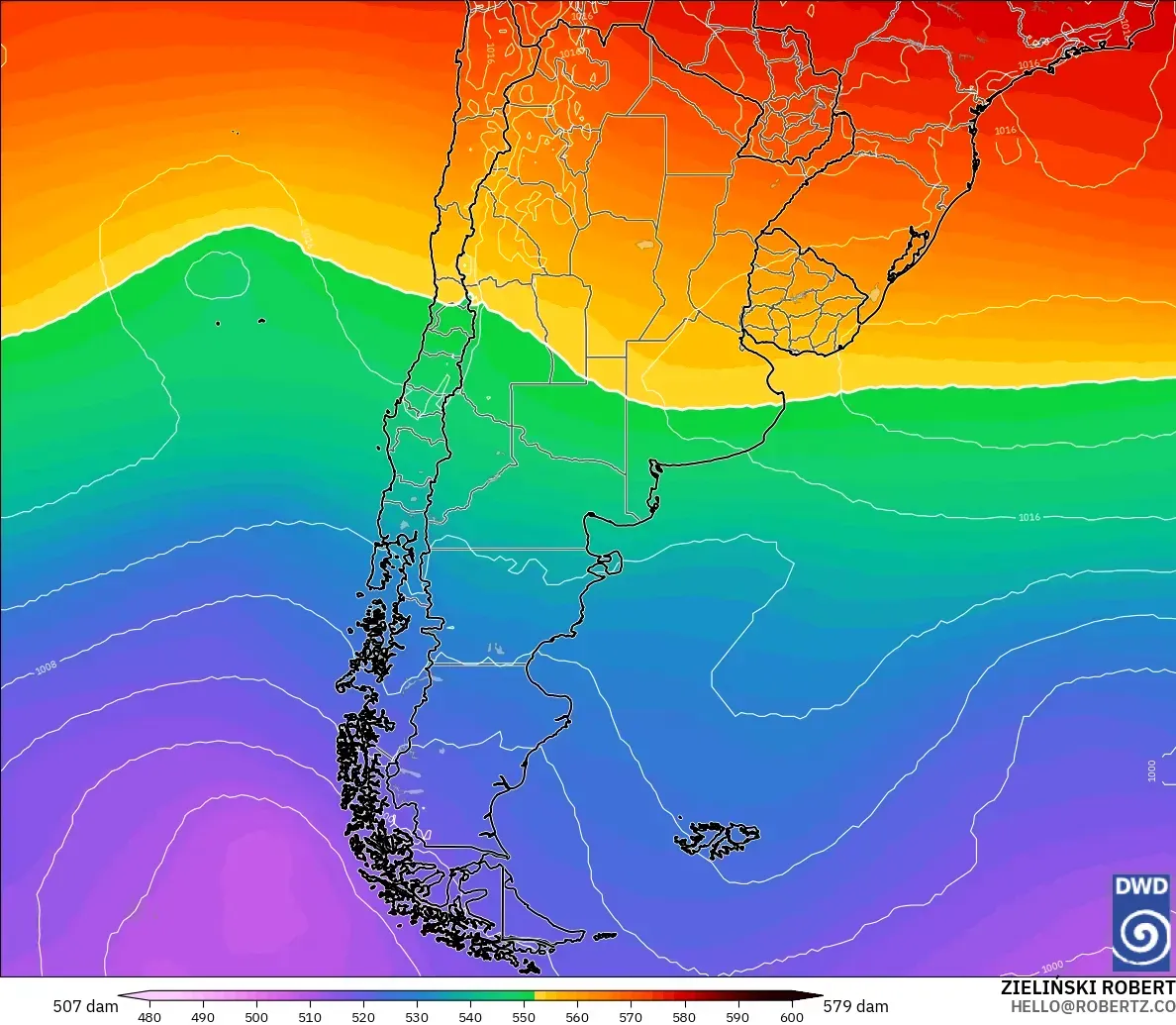 ICON model - Argentina, Geopotential height at 500hPa