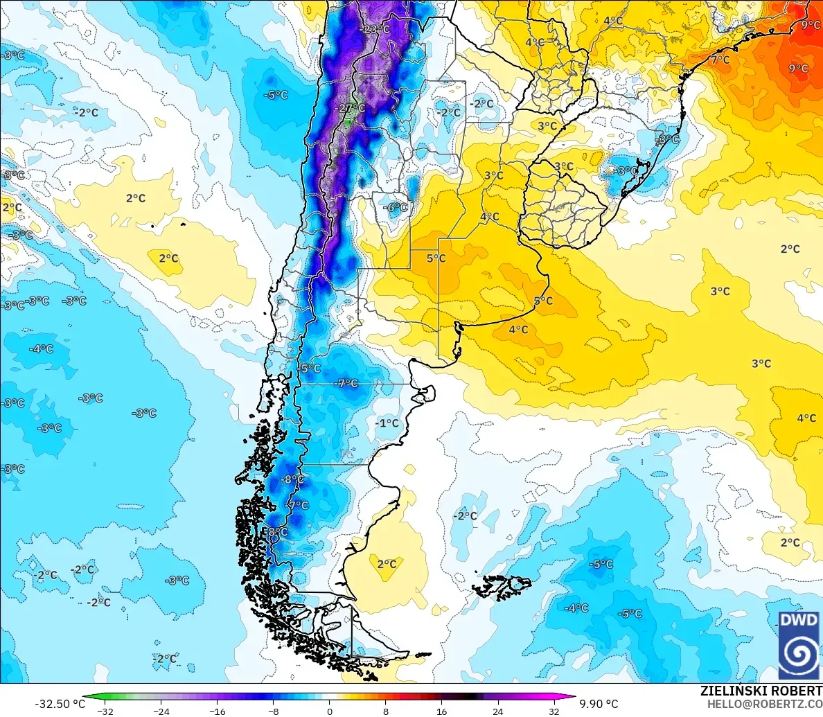 ICON model - Argentina, Temperature at 850hPa Anomaly