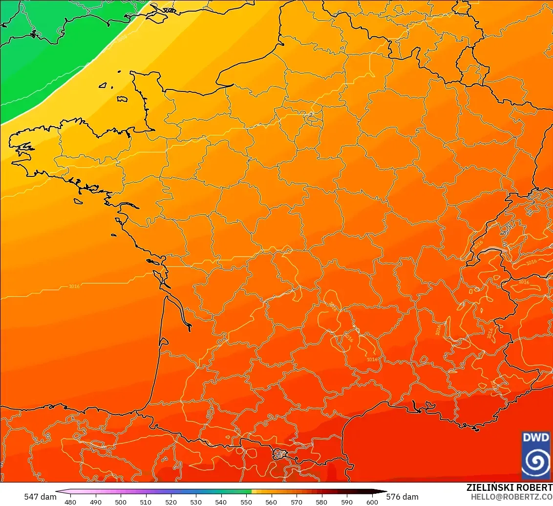 ICON model - France, Geopotential height at 500hPa