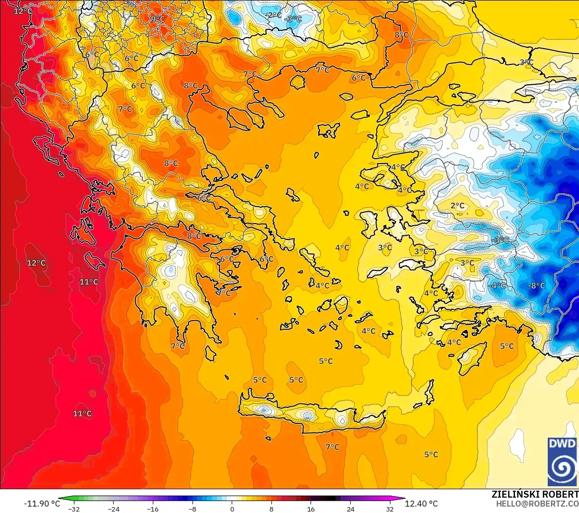 ICON model - Greece, Temperature at 850hPa Anomaly