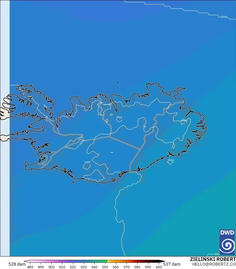 ICON model - Iceland, Geopotential height at 500hPa