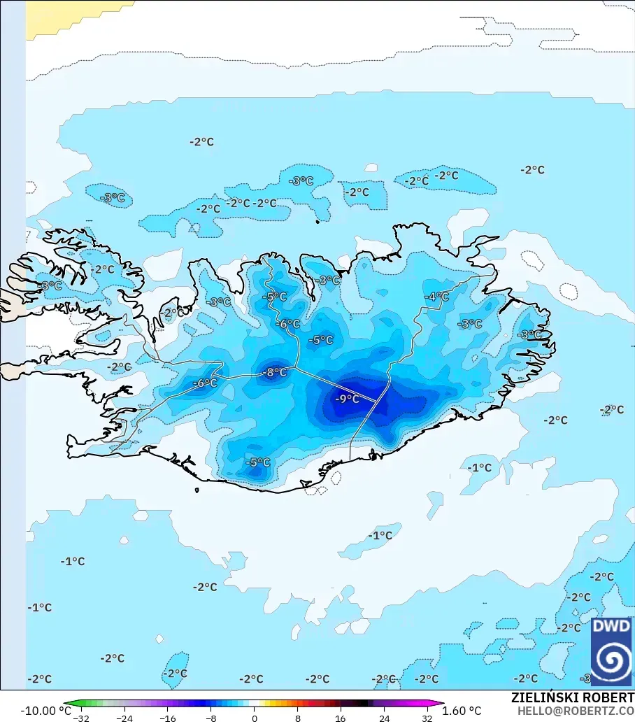ICON model - Iceland, Temperature at 850hPa Anomaly