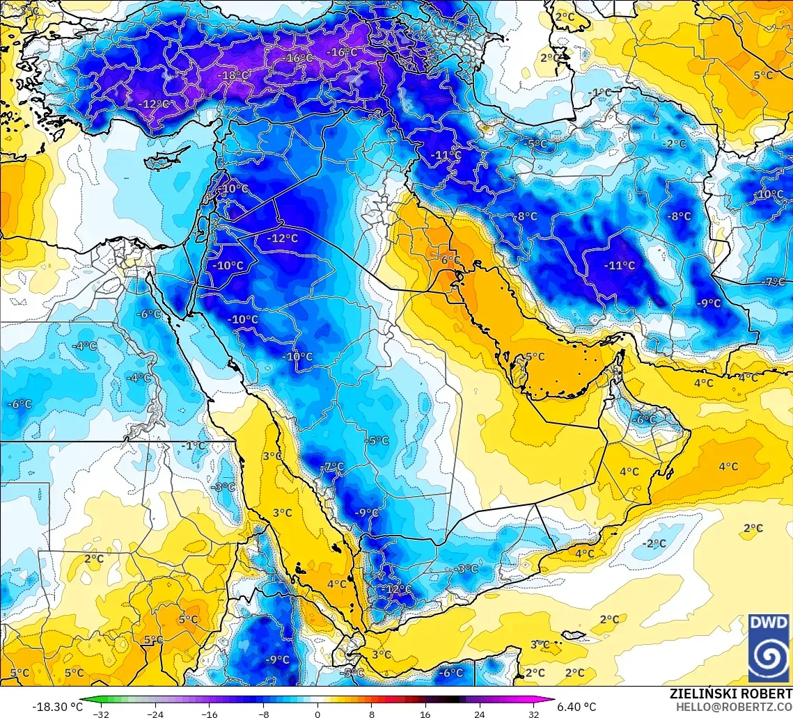 ICON model - Middle East, Temperature at 850hPa Anomaly