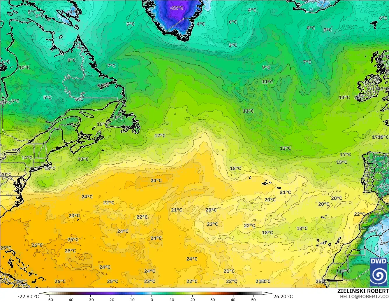 ICON model - North Atlantic, Dewpoint at 2m