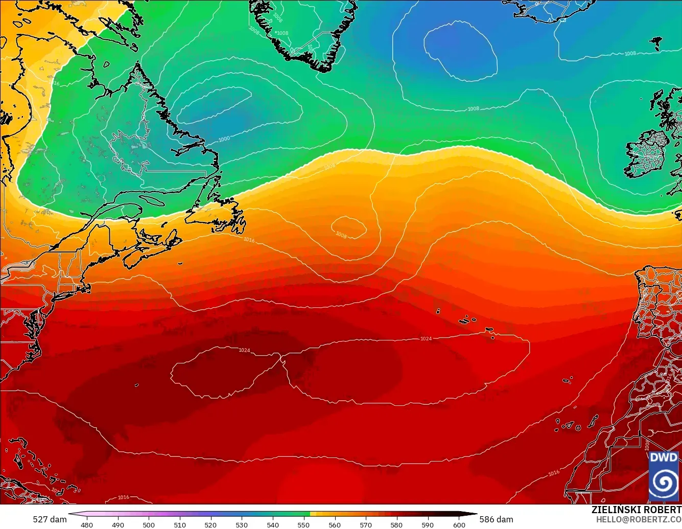 ICON model - North Atlantic, Geopotential height at 500hPa
