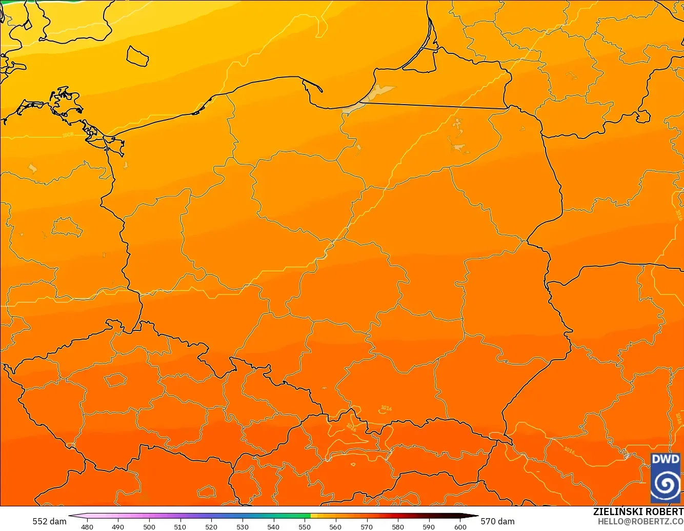 ICON model - Poland, Geopotential height at 500hPa