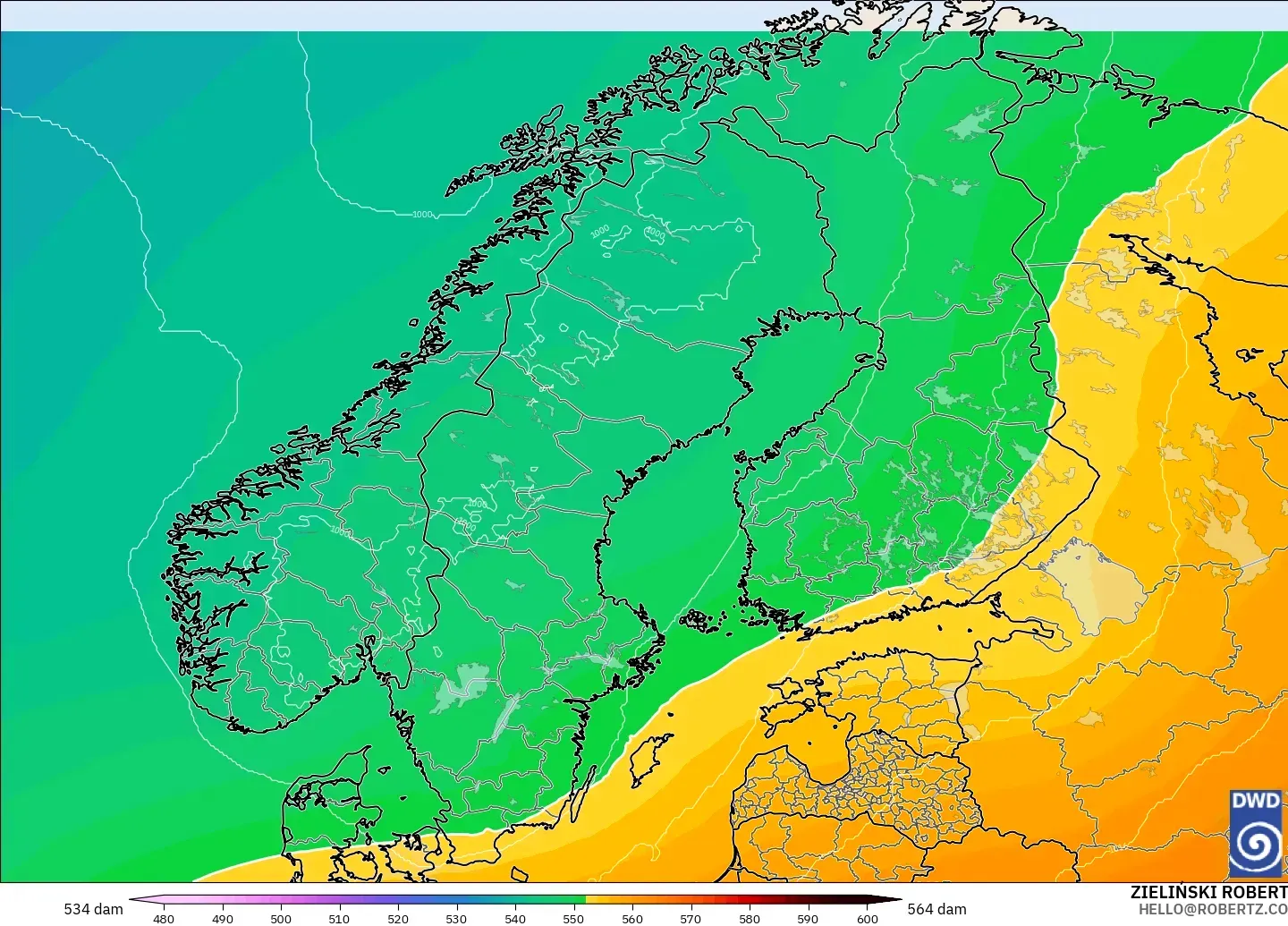 ICON model - Scandinavia, Geopotential height at 500hPa