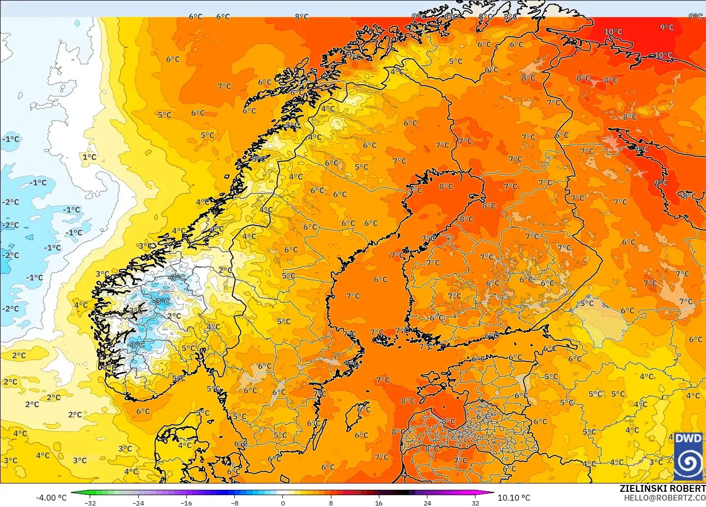 ICON model - Scandinavia, Temperature at 850hPa Anomaly