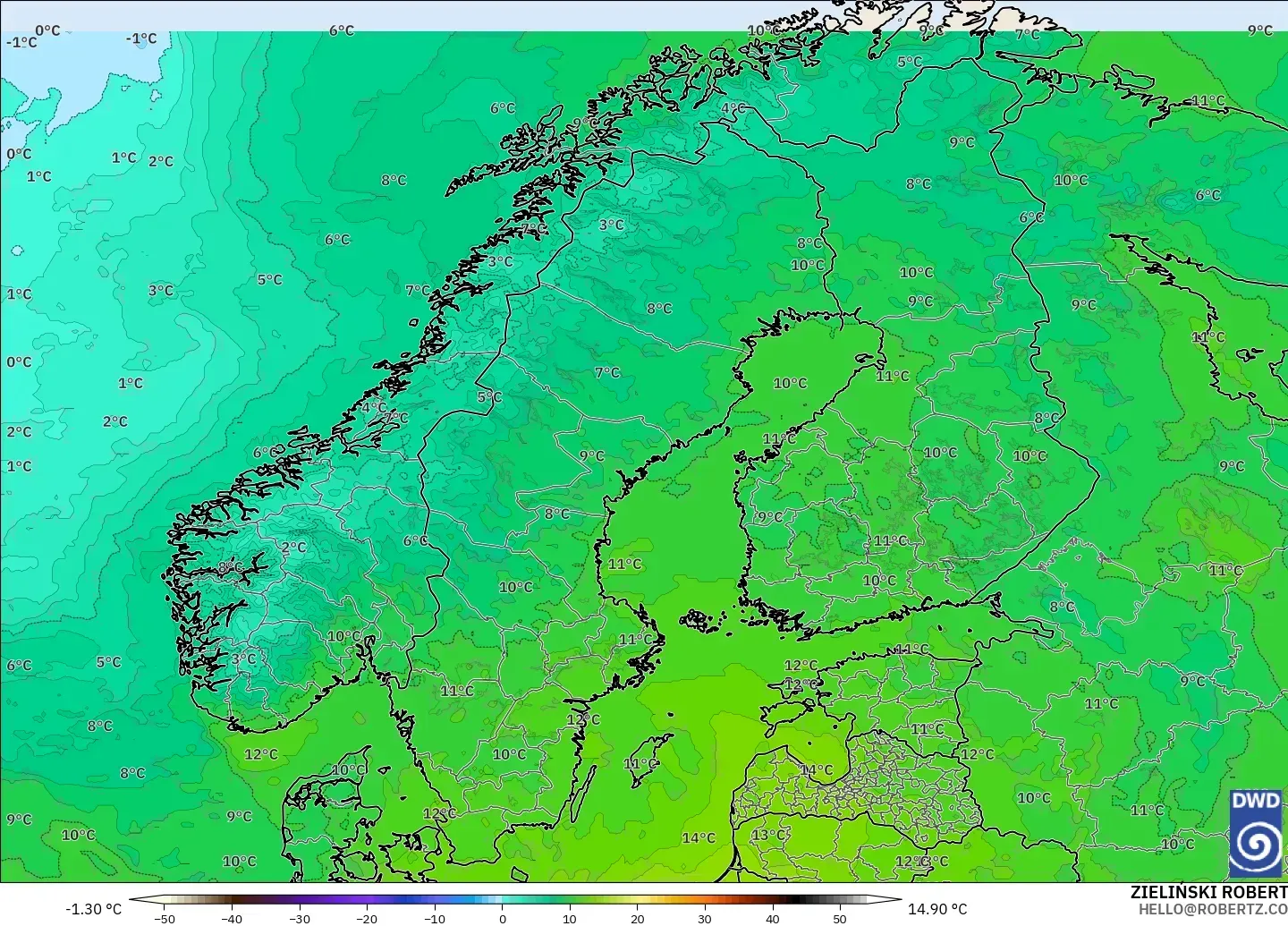ICON model - Scandinavia, Temperature at 850hPa