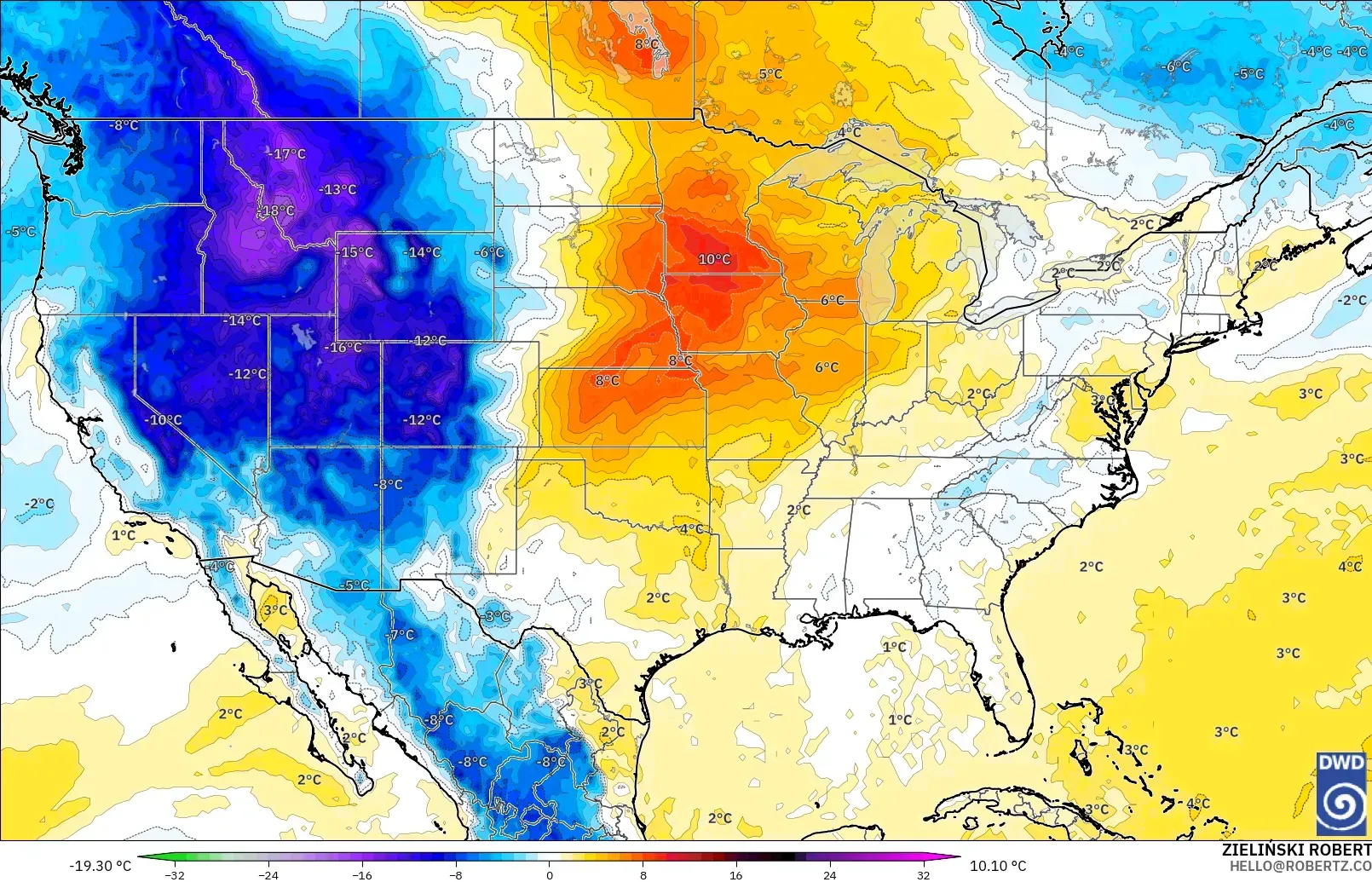 ICON model - United States, Temperature at 850hPa Anomaly