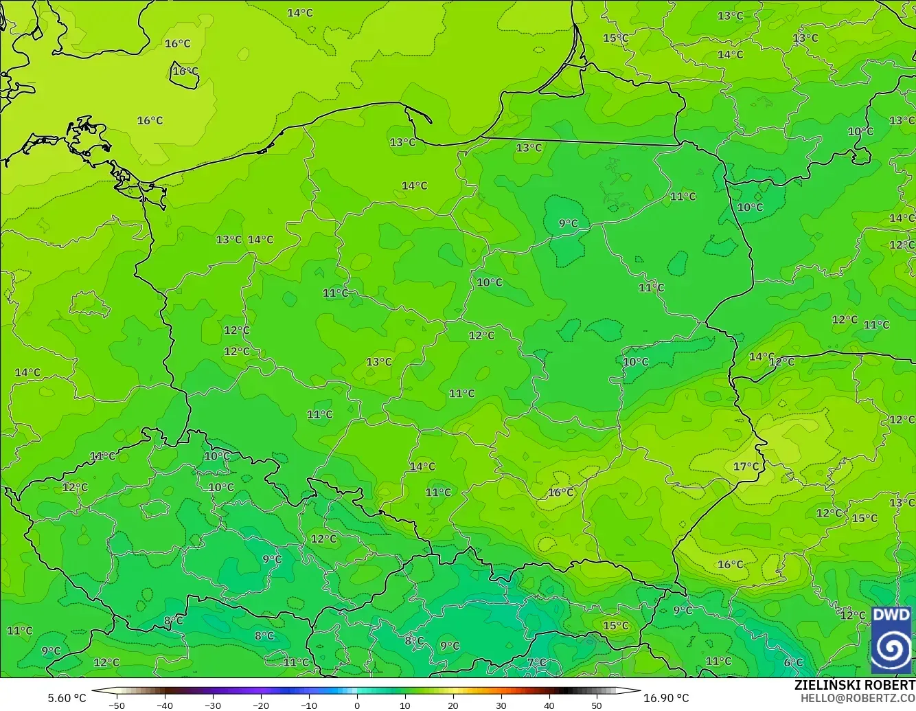 ICON model - Poland, Dewpoint at 2m