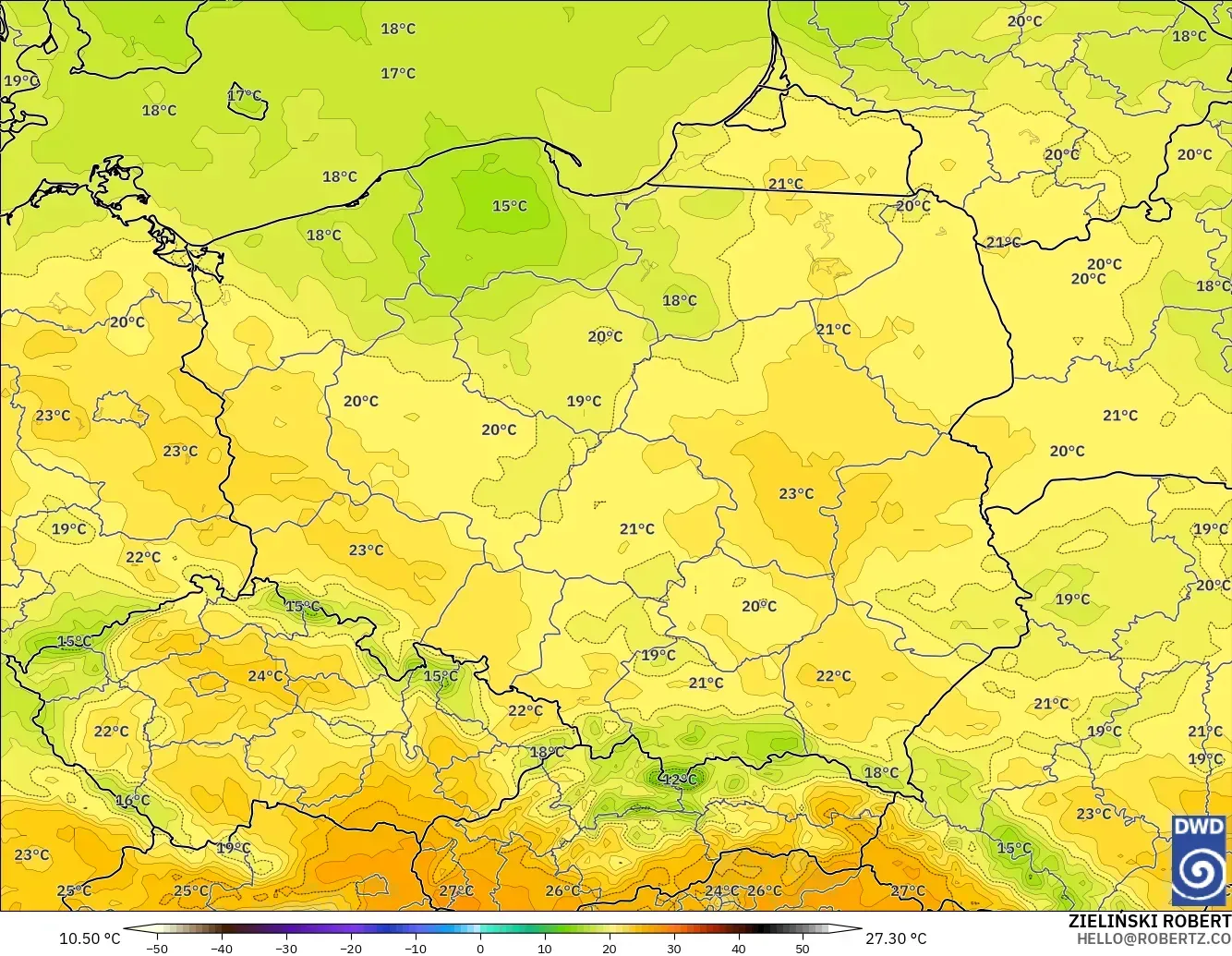 ICON model - Poland, Temperature at 2m