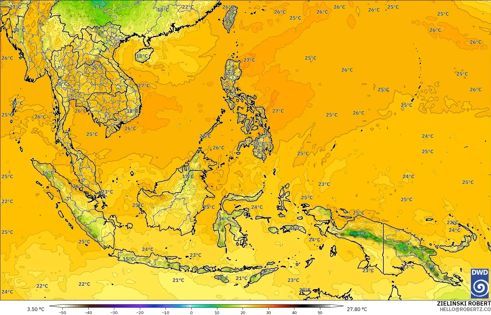 ICON model - South East Asia, Dewpoint at 2m