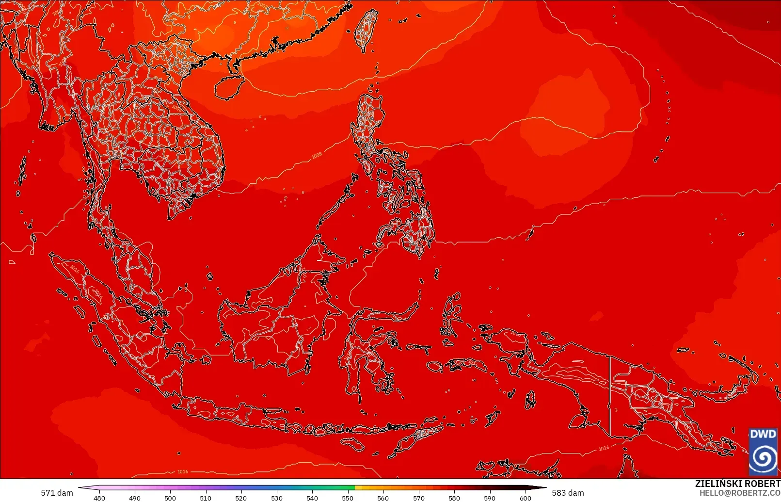 ICON model - South East Asia, Geopotential height at 500hPa