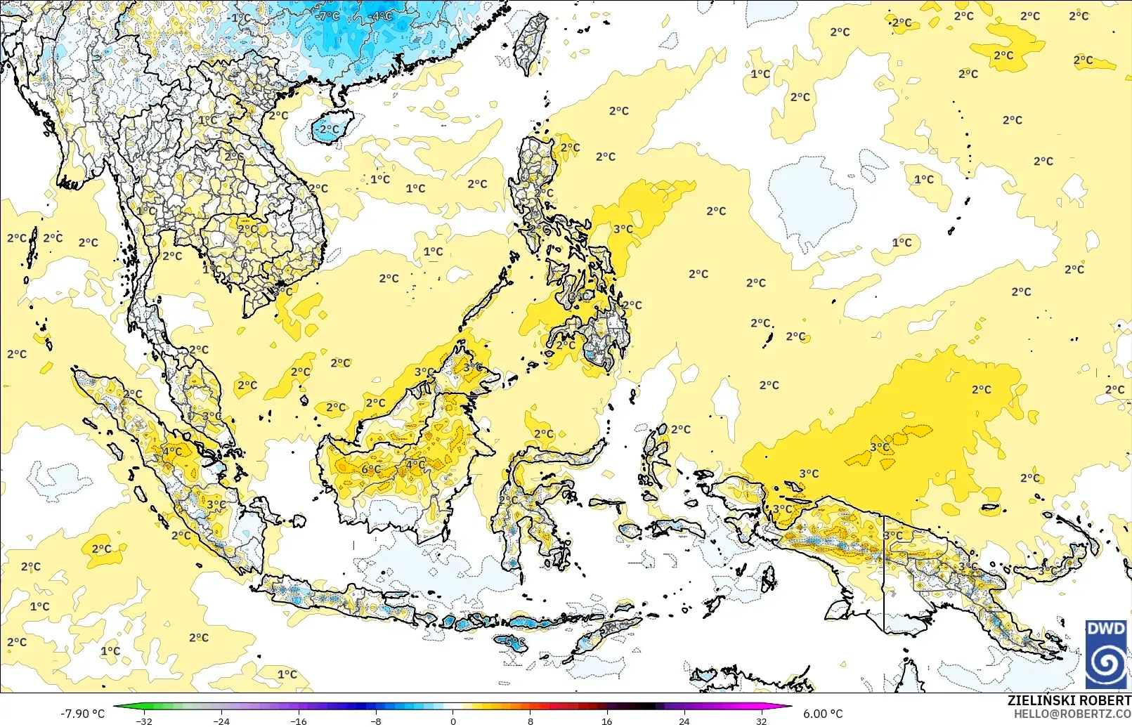 ICON model - South East Asia, Temperature at 2m Anomaly