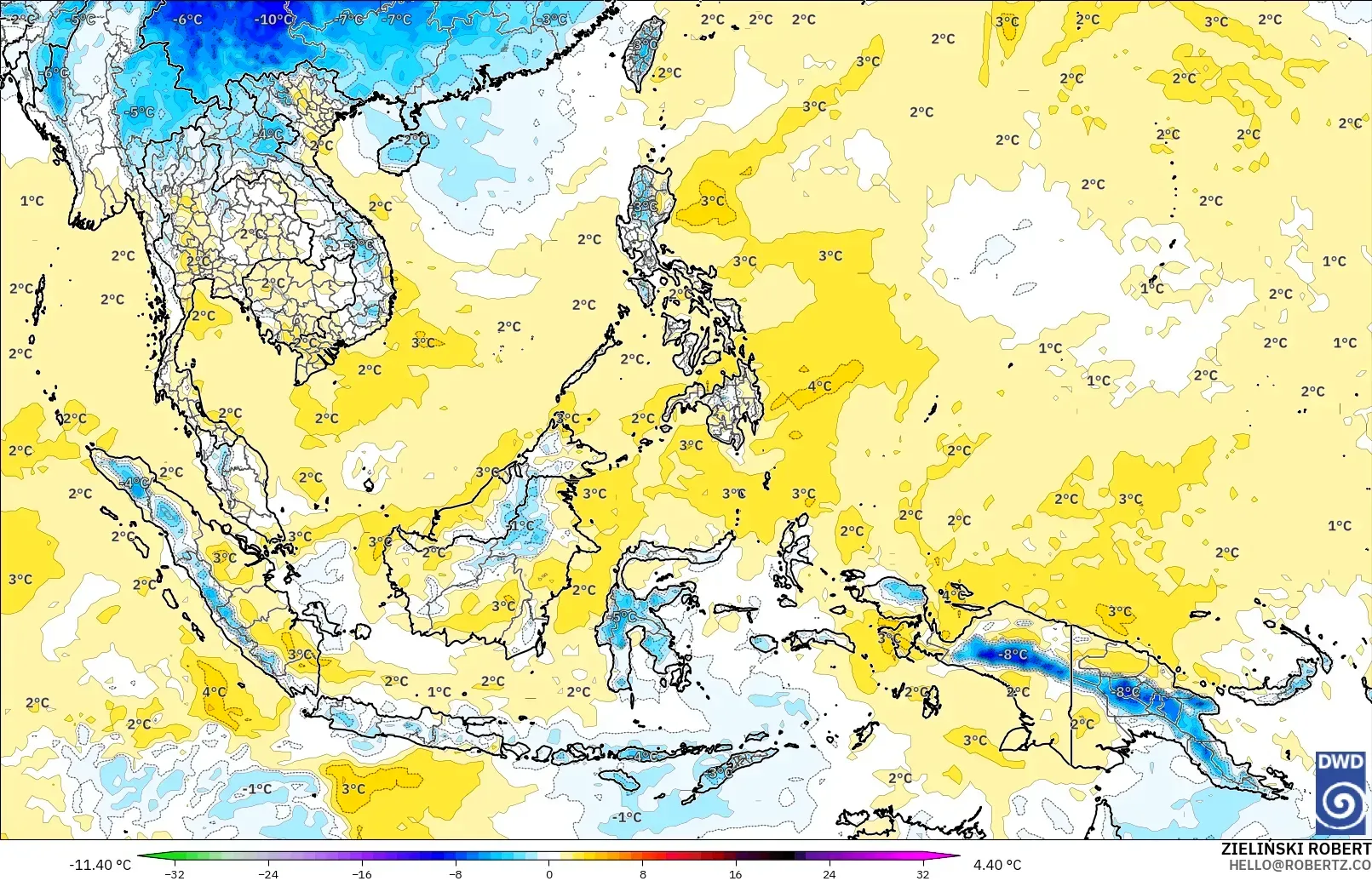 ICON model - South East Asia, Temperature at 850hPa Anomaly