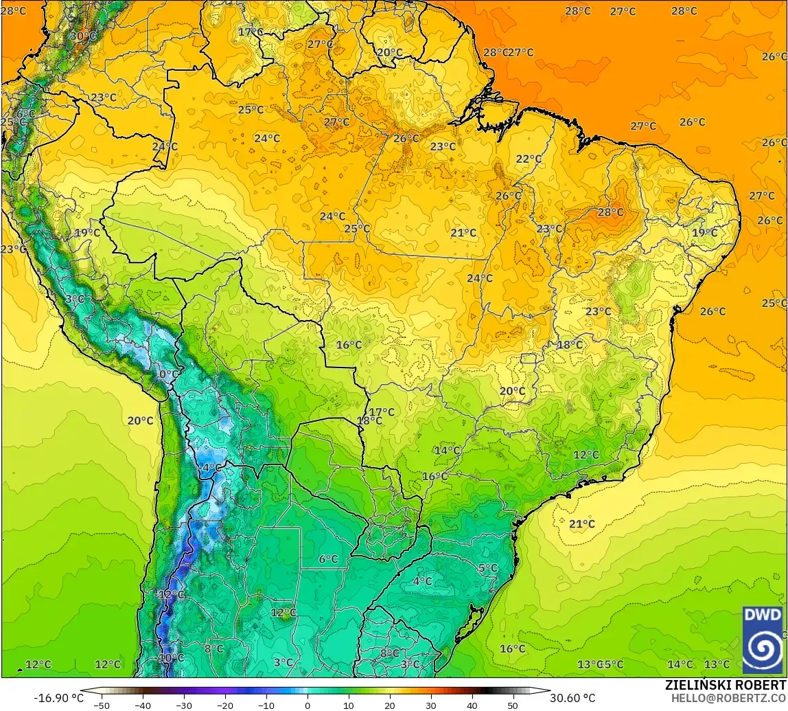 ICON model - Brazil, Temperature at 2m