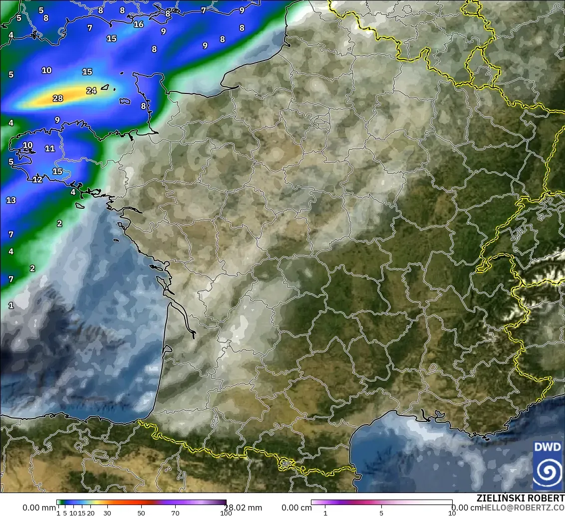 ICON model - France, Precipitation, Clouds, and Pressure