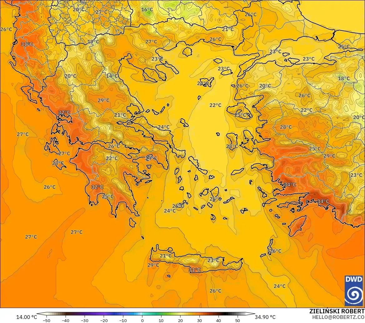 ICON model - Greece, Temperature at 2m