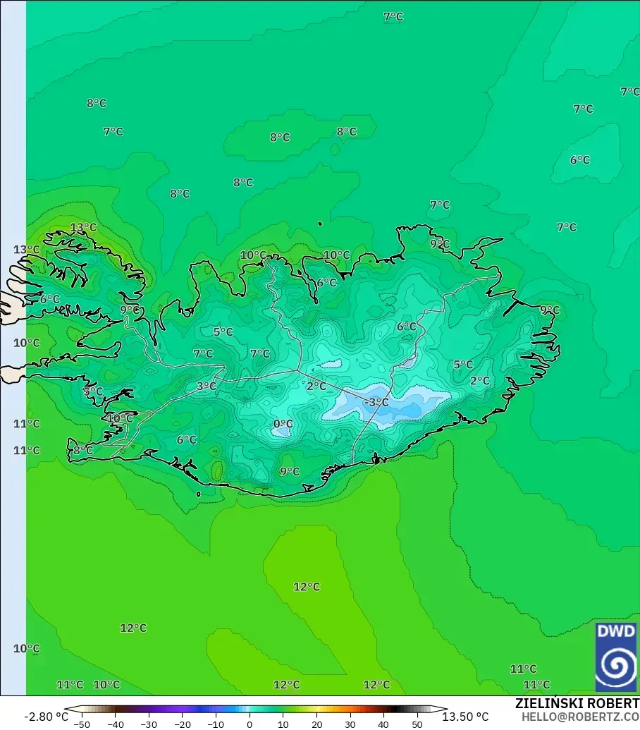 ICON model - Iceland, Temperature at 2m