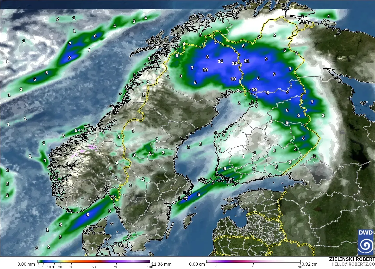 ICON model - Scandinavia, Precipitation, Clouds, and Pressure