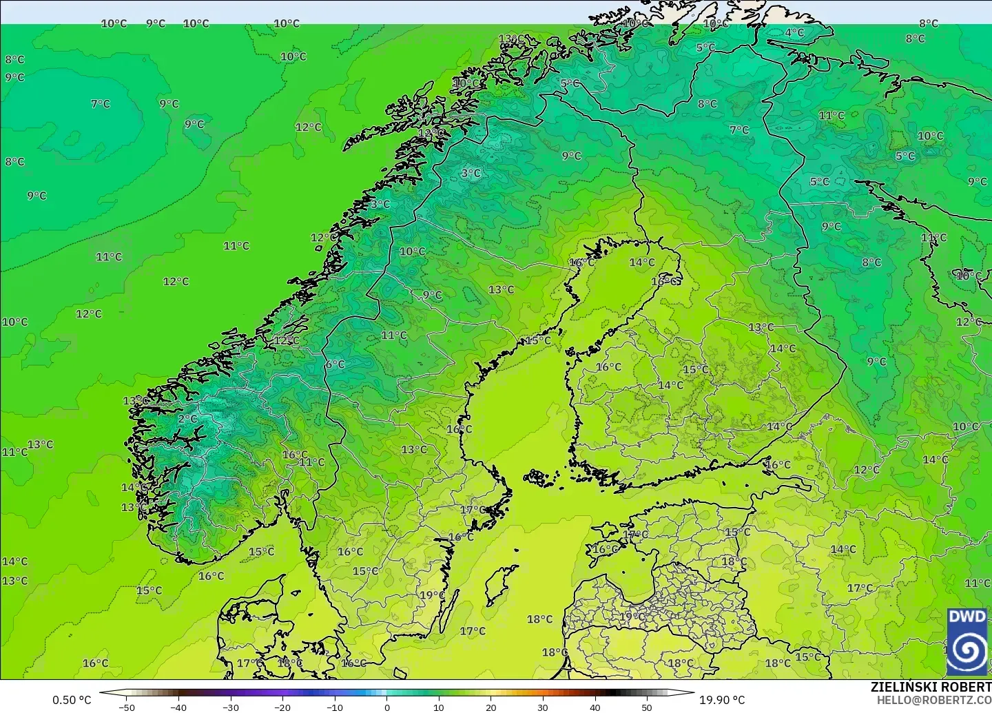ICON model - Scandinavia, Temperature at 2m